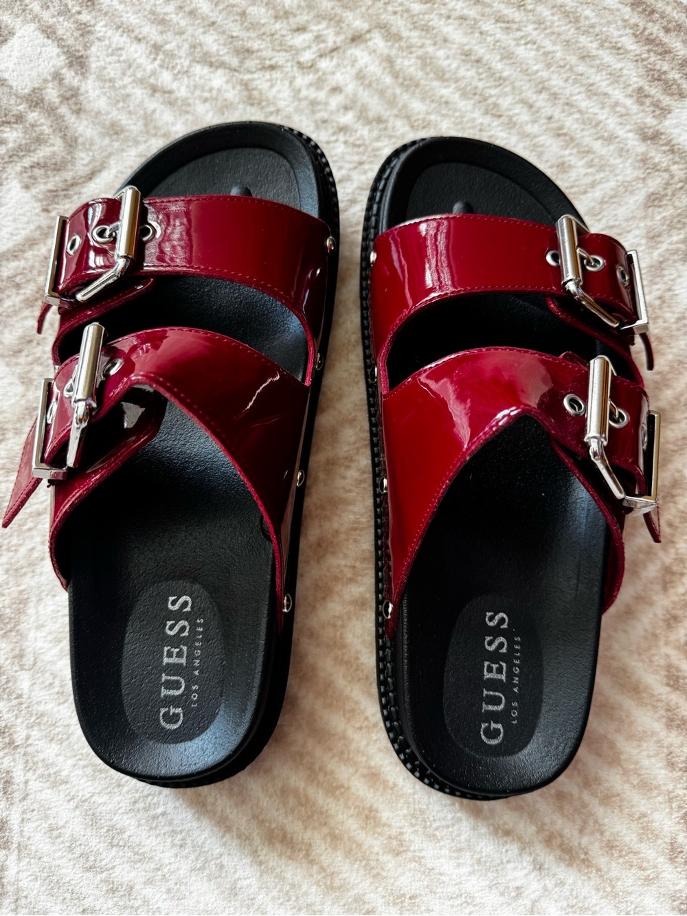 GUESS Burgundy Patent Double-Buckle Slide Sandals
